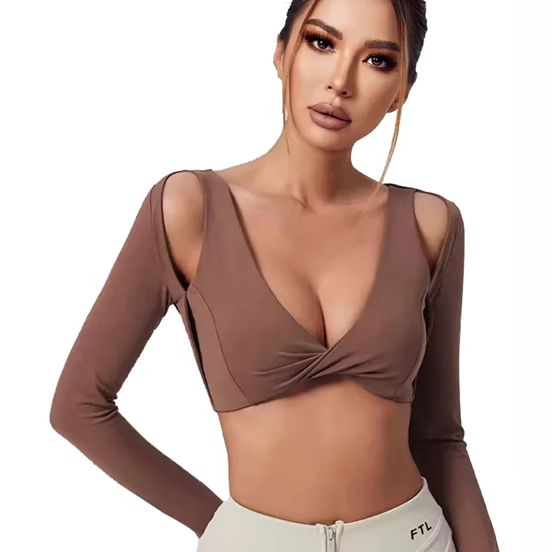 Women Long Sleeve Compression Quick Dry Twist Crop Running T Shirt