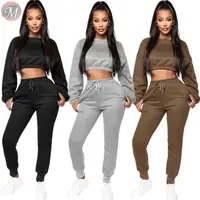 

9110134 hot sale sold color fleece crop hoodie pockets leisure Clothing Pant Women Two Piece Outfits Set