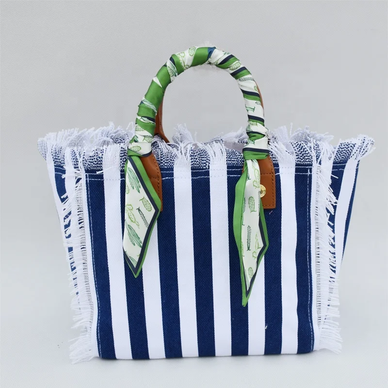 

High quality PU Leather Handle Custom stripe Canvas Tassel Tote Bag Fringe Tassel Beach Bag with Silk scarves