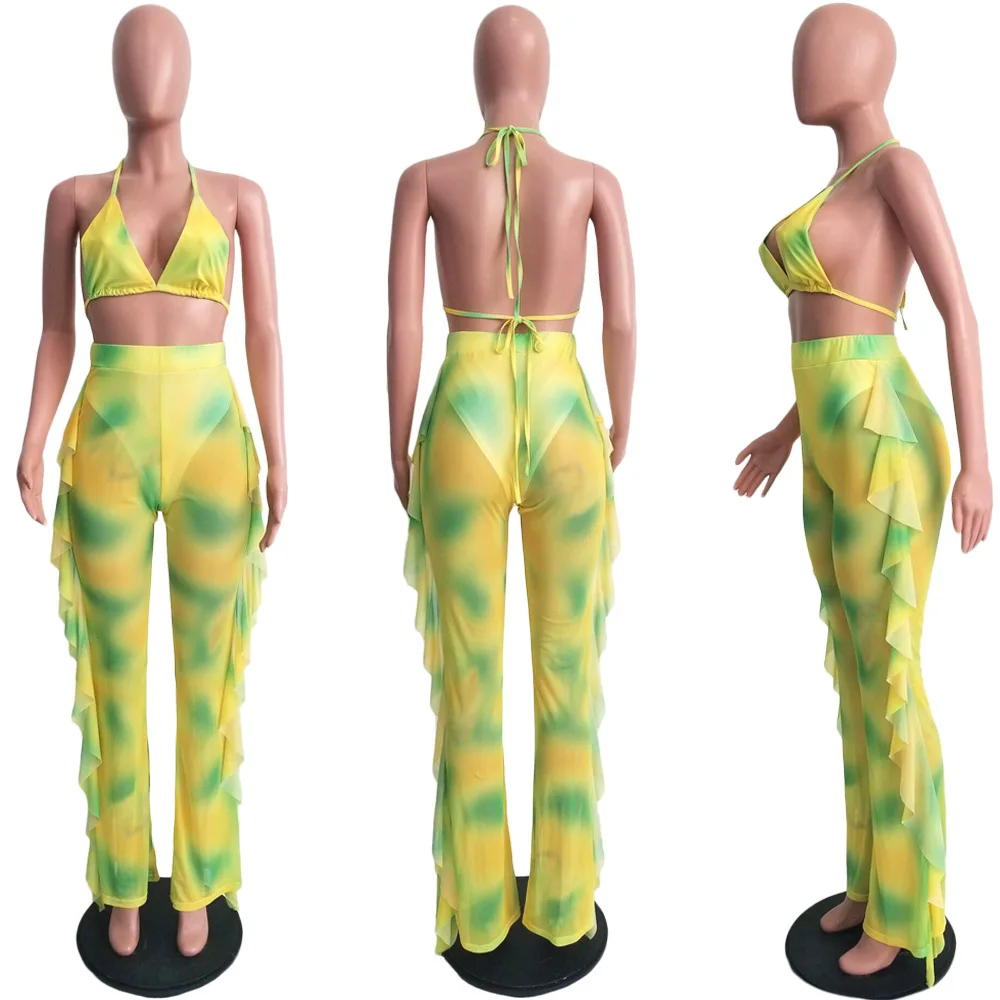 2019 Summer trap Tops trousers Two Piece Sets beach printed flower ruffles Wide leg pants beachwear Women Latest Style