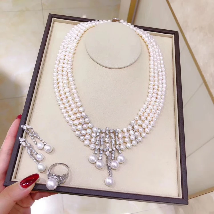 

Cultured Real Freshwater Pearl Rings Earrings Necklace Jewelry Set For Women Party
