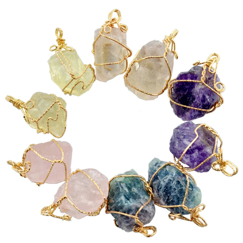

Handmade Irregular Natural Stone Amethyst Pendant Gold Plated Rose Quartz Crystal Wire Wrapped Necklace