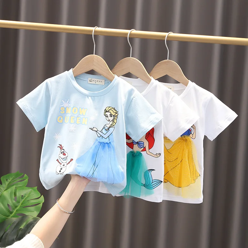 

KD-058 RTS factory wholesale baby girls 2021 Summer new Korean style fashionable cotton cartoon Mermaid 3D princess t shirts, Multicolor as picture show