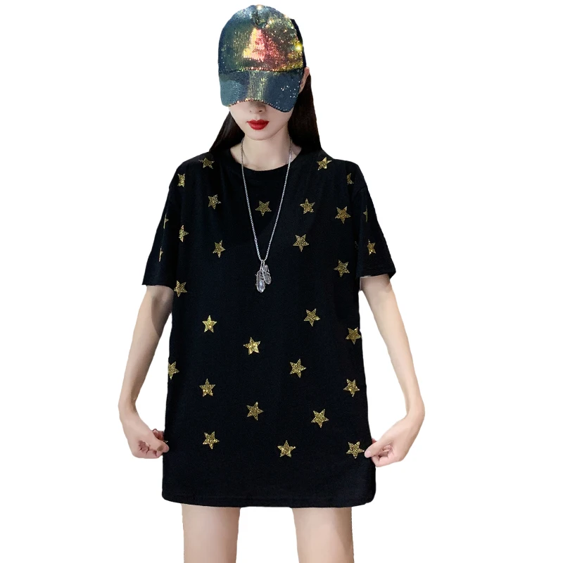 

Direct Manufacturer 100% cotton Golden stars diamond girls' t-shirts oversiz tshirt for women over size tee shirt