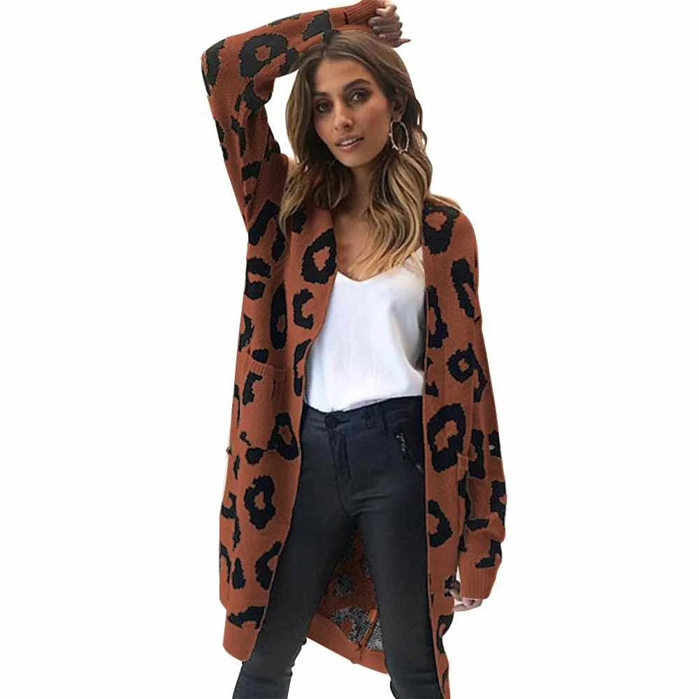 

Autumn Winter Christmas Leopard Print Knitted Long Cardigan Women 2020 Casual Style Open Pocket Sweater Tops Outwear