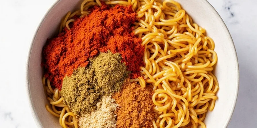 A colorful spice rack with ramen ingredients