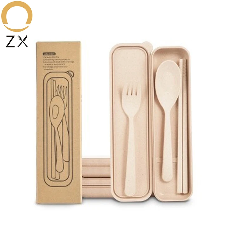 

Newly Wheat Straw Portable Reusable ECO Friendly 3 Pcs Dinnerware Sets Travel Wheat Straw Tableware Cutlery, Blue,pink,wheat,green