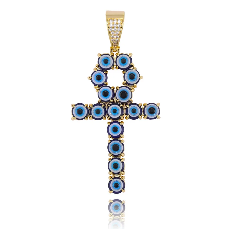 

Hip-hop Jewelry Full of Zircon Blue Eyes Angh Cross Pendant Keys of Life NecKLACE