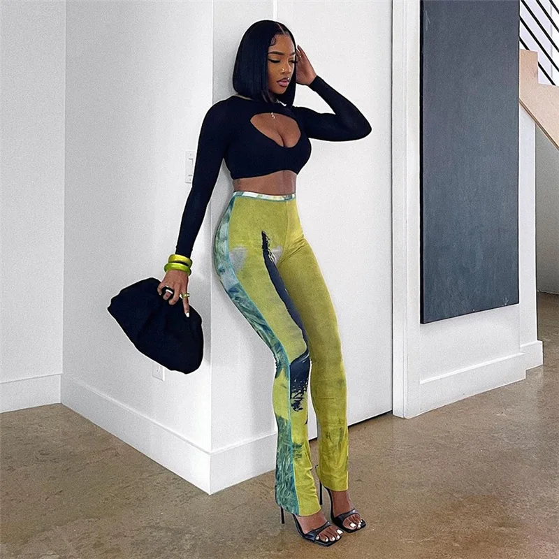 2024 Ready to Ship Hot Selling High Waist Slim Printed Leggings Mesh Long Pants