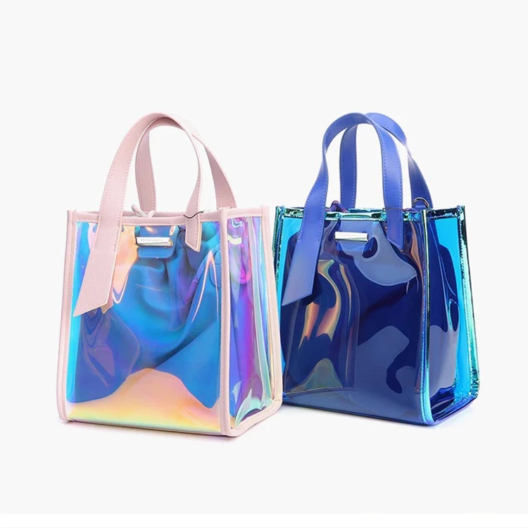 

9564 Colorful Pvc Bolsas Transparentes Bags Hologram Bag Tote Laser Hand Bag Custom Logo Drawstring Handbag Inside For Women