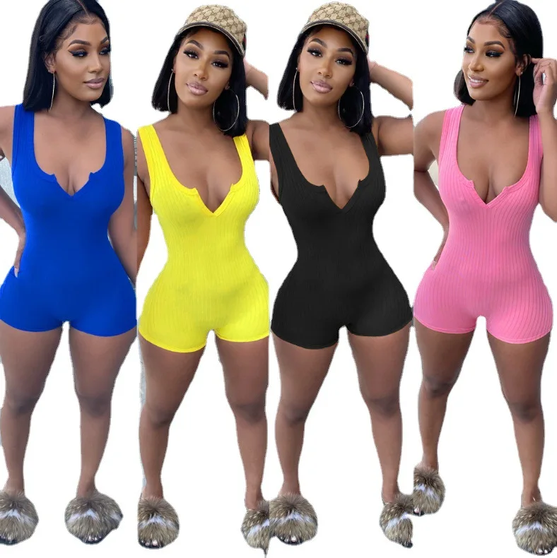 

New arrivals 2021 summer v neck short bodysuit romper set women sexy one piece short jumpsuit