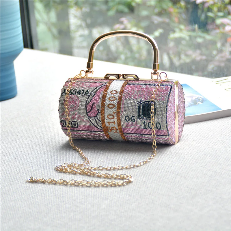 

2021 New Full Diamond Small Cylinder One-shoulder Dollar Bag Diamond-studded Fashion Dollar Bag Rhinestone Dinner Handbag, Customized color