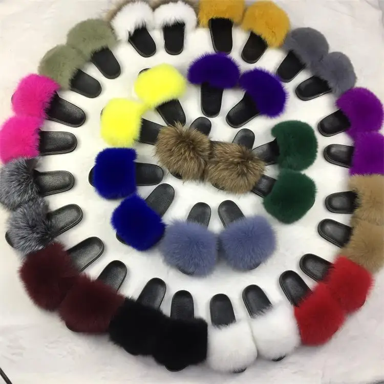 

2021 new fluffy soft big fox fur slippers with real ladies fur slides, Customized color