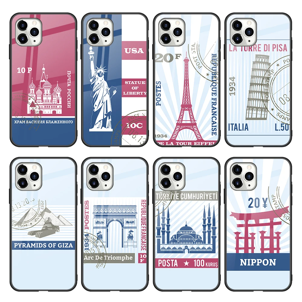 

World Building Liberty Eiffel Tower Glossy Hard Tempered Glass Mobile Phone Cases & Covers for iPhone 13 12 XR 11Pro Max, Multiple