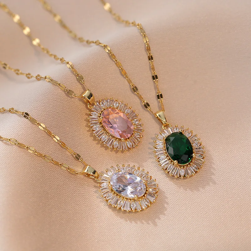 

Luxury Necklaces Stainless Steel Emerald Zircon Flower Pendant Diamond Choker Necklace
