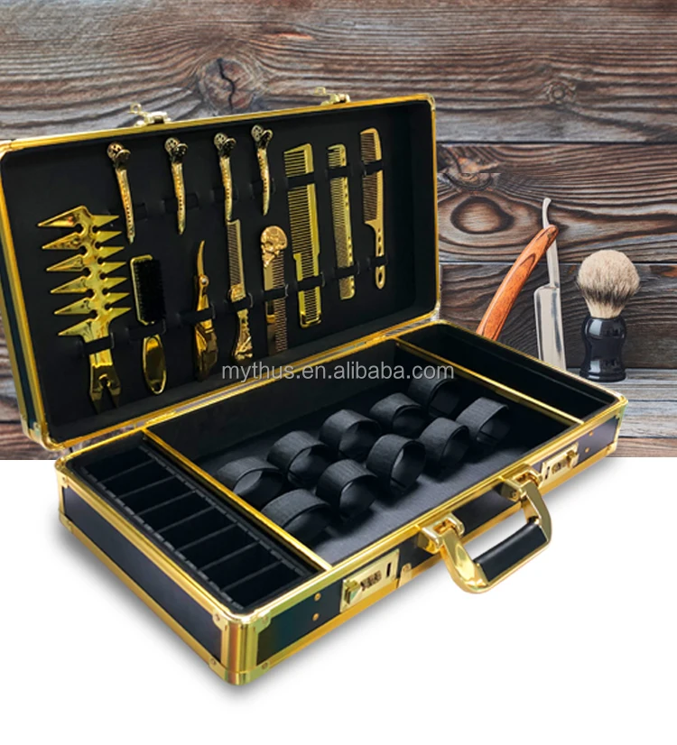

Metal Barber Organizer Box Portable Aluminum Barberia Briefcase Barber Tools Suitcase Salon Large Password Gold Barber Case