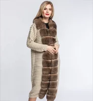 

2019 winter RUSSIA popular design jacket Italian viscose long trench coat ladies overcoat real big fox fur trim knitted cardigan