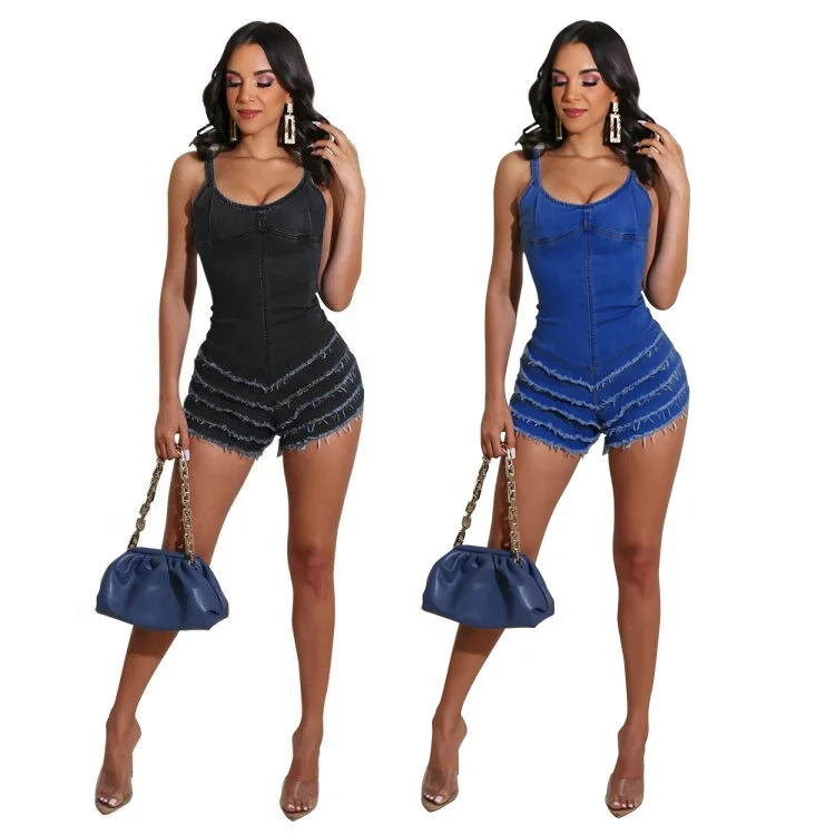 

2021 Trendy Womens Jeans Jumpsuit Sexy Sleeveless Fashion Denim Romper Summer One Piece Short Jumpsuit for Women, Blue, black
