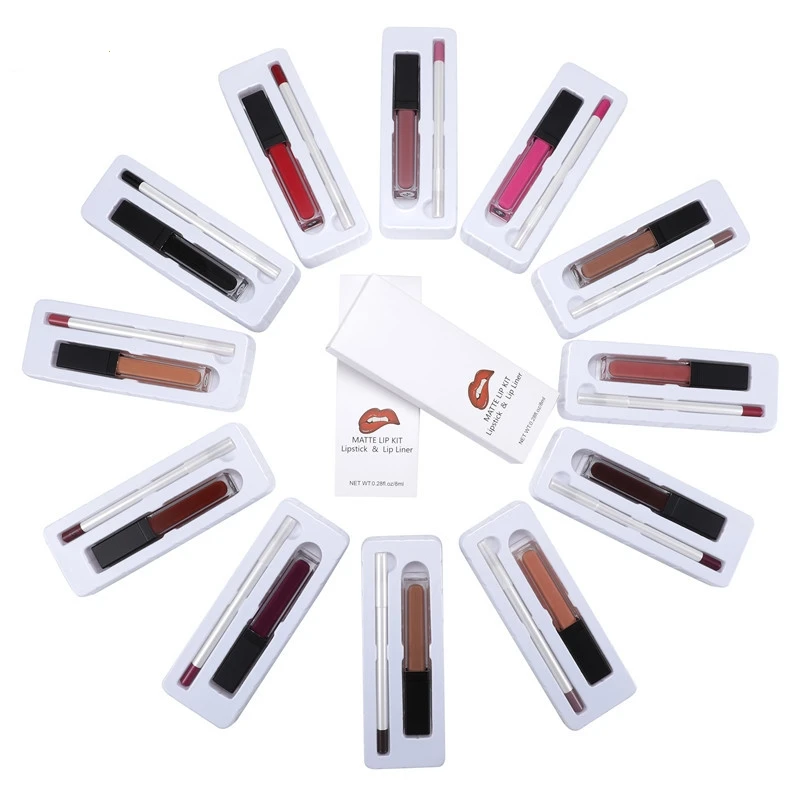 

Hot selling lipgloss and lip liner kit waterproof long lasting lip makeup cosmetics set customize lipgloss packing logo