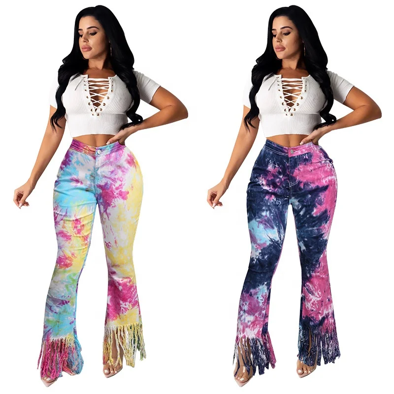 

Fashion Fall Winter Flared Jeans Pants Casual Stretch Skinny Jeans Women Tassel Tie Dye Jeans For Women, As pictures show