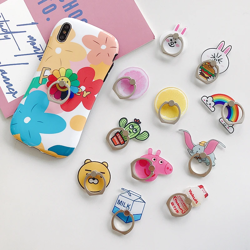 

Cute cartoon acrylic stand 360 degree rotating mobile phone stand gift ring buckle custom logo free sample, Color design