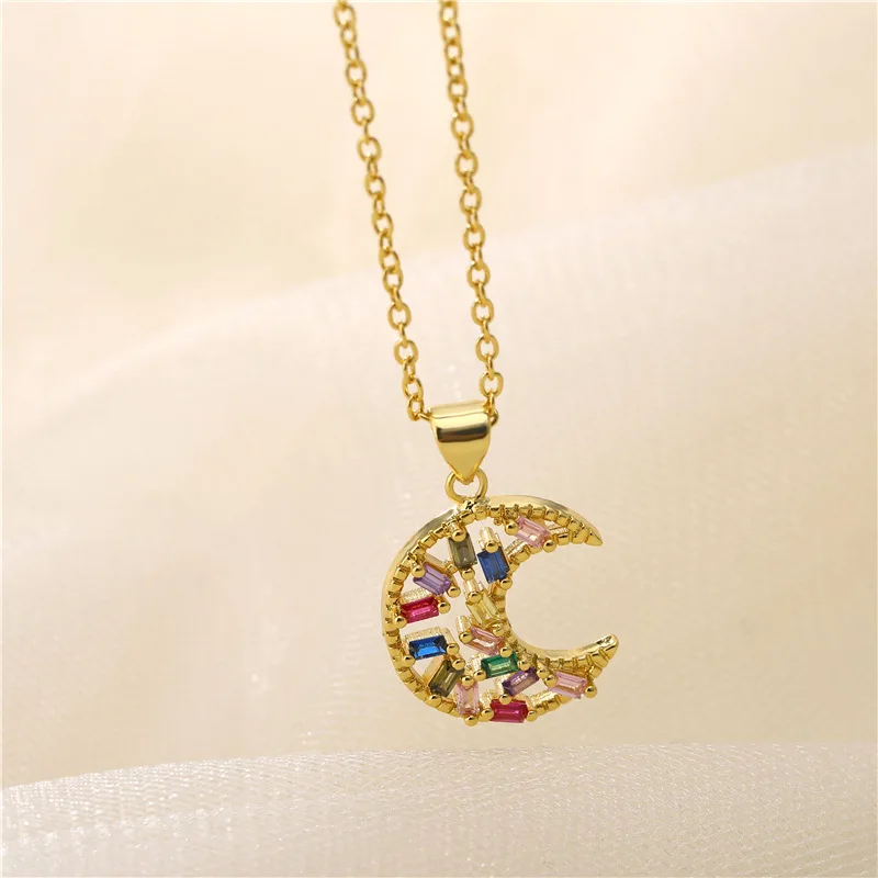 

HOVANCI 4 2021 Women Jewelry Full Zircon Moon Necklace Statement Colorful Geometric Cz Crystal Moon Pendant Necklace, As picture show