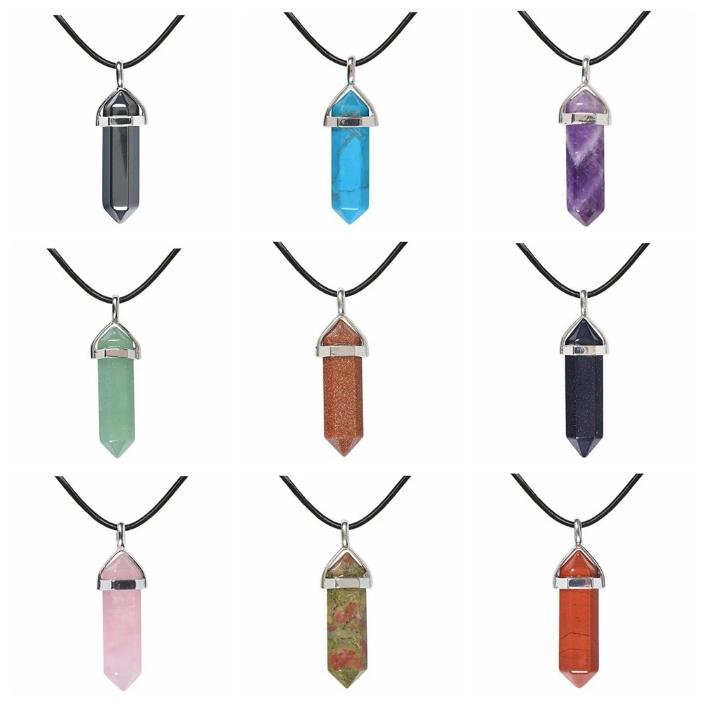 

Hexagonal Chakra Crystal Bullet Shape Gemgemstone Pendant Necklaces Pointed Quartz Stone Chain Necklaces