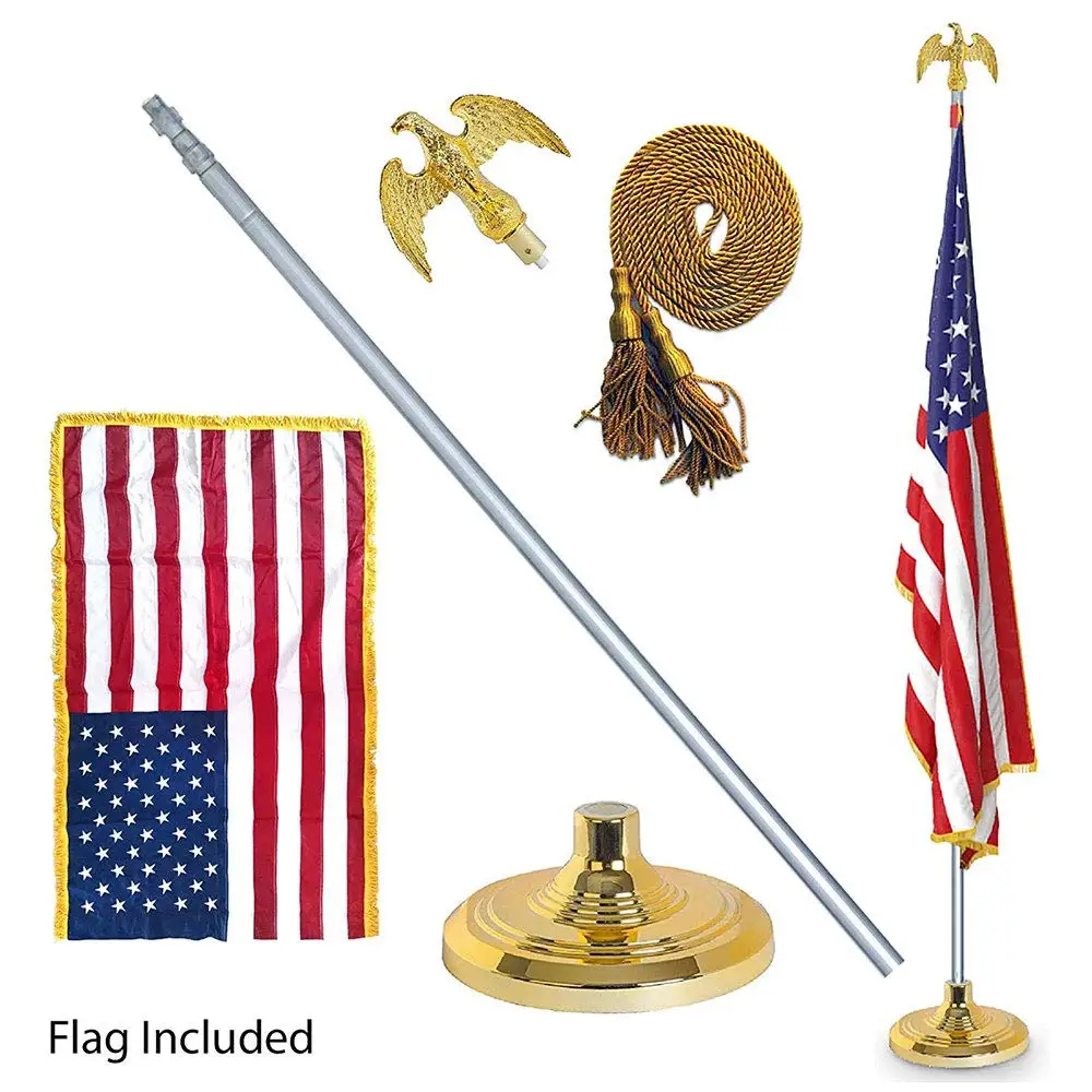 8FT Telescoping Indoor Flag Pole Kit with Base Stand and Gold American Eagl...