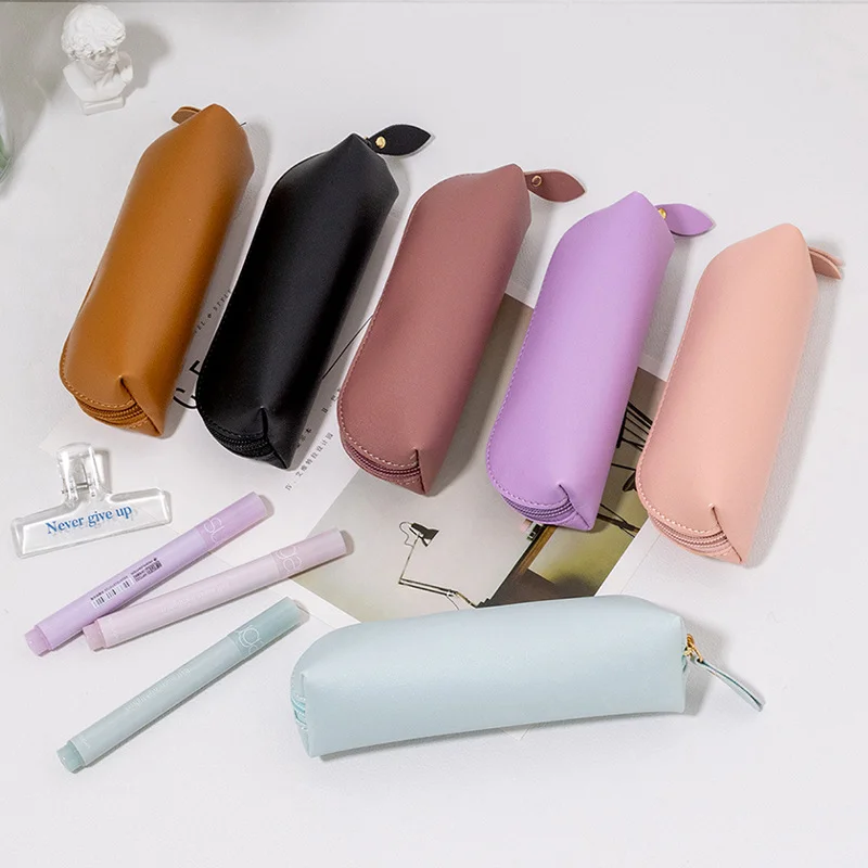 Fashion Pencil Case PU Leather Pencil Bag Zipper Desk Organizer Pencil Pouch Holder Office Student School Pen Case