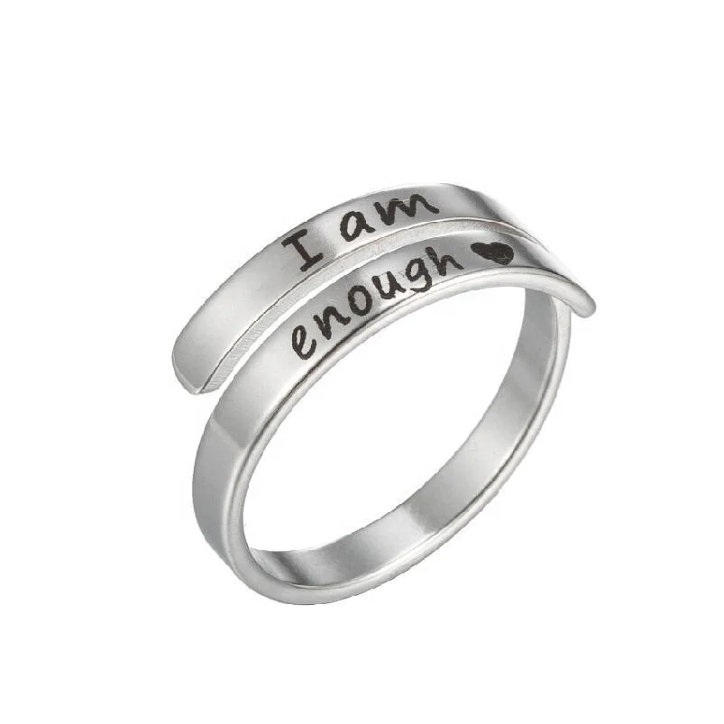 

Wholesale Price Inspirational Laser Engraved I AM ENOUGH Adjustable Stainless Steel Rings For Woman Jewelry Couragement Gift