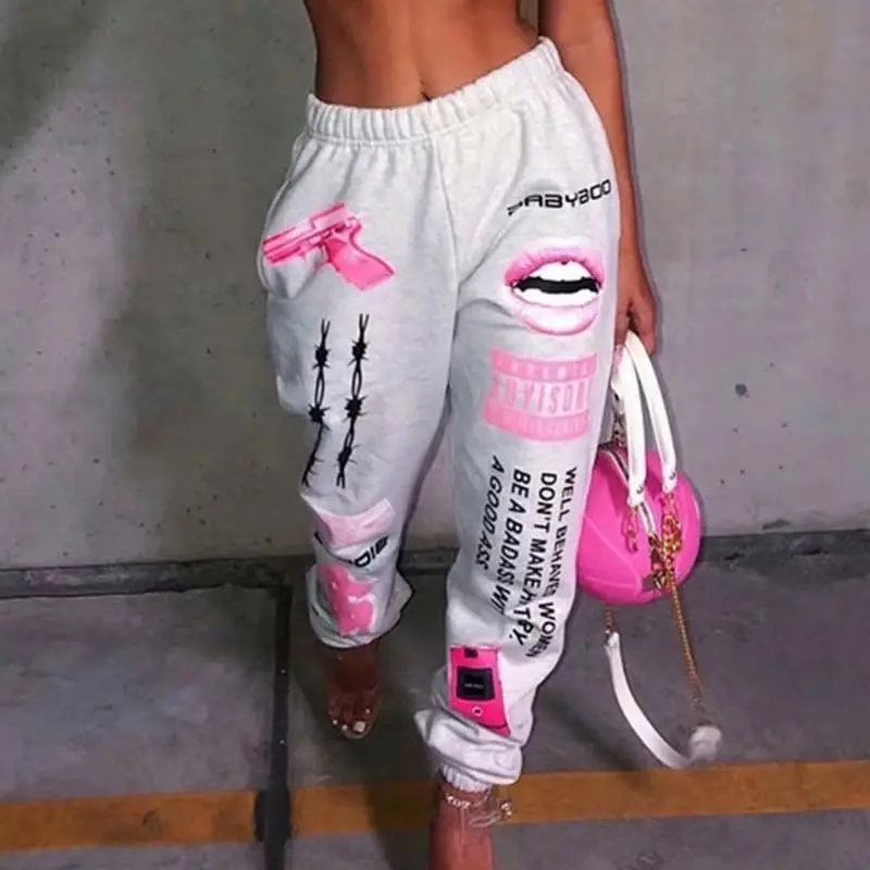 

FD280 New fashion graphic joggers pants women high waist drawstring long pants with graffiti streetwear lady sports casual harem, 2 colors as picture