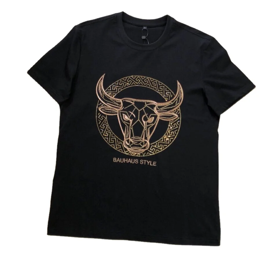 

New product custom high quality cotton short sleeves tauren print embroidery and rhinestone process luxury men t shirt