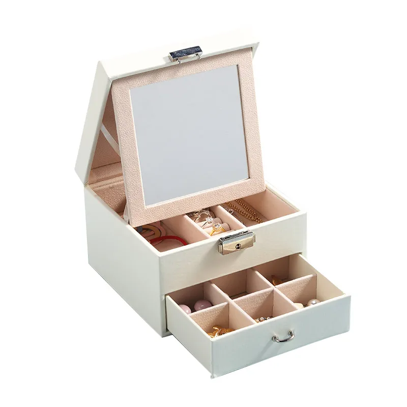 

Wholesale Custom White Jewelry Box with Lock Mirrow Drawer Pu Leather Necklace Ring Earring Jewellery Gift Organizer joyero