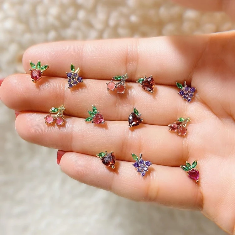 

Fashion Cute Mini Kids Girls Gift Women Shine Crystal Strawberry Grape Cherry Fruit Stud Earrings, As shown