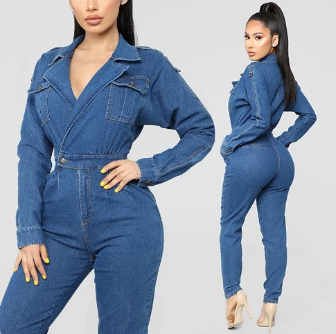 

High Quality Women Denim Jumpsuit And Rompers Sexy Long Sleeve Bodysuit Women Overalls Jeans Playsuit