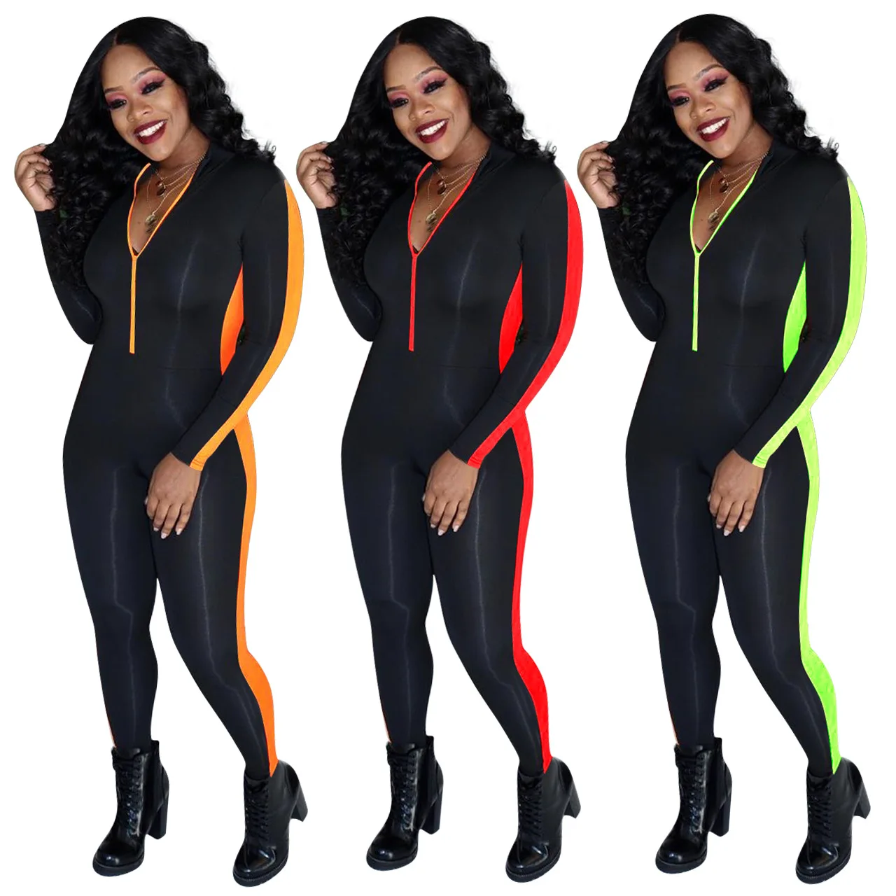 

New Arrival Long Sleeve Zipper Sport Jumpsuits 2021 One Piece Jumpsuit Sexy Deep V Biker Jumpsuits And Rompers