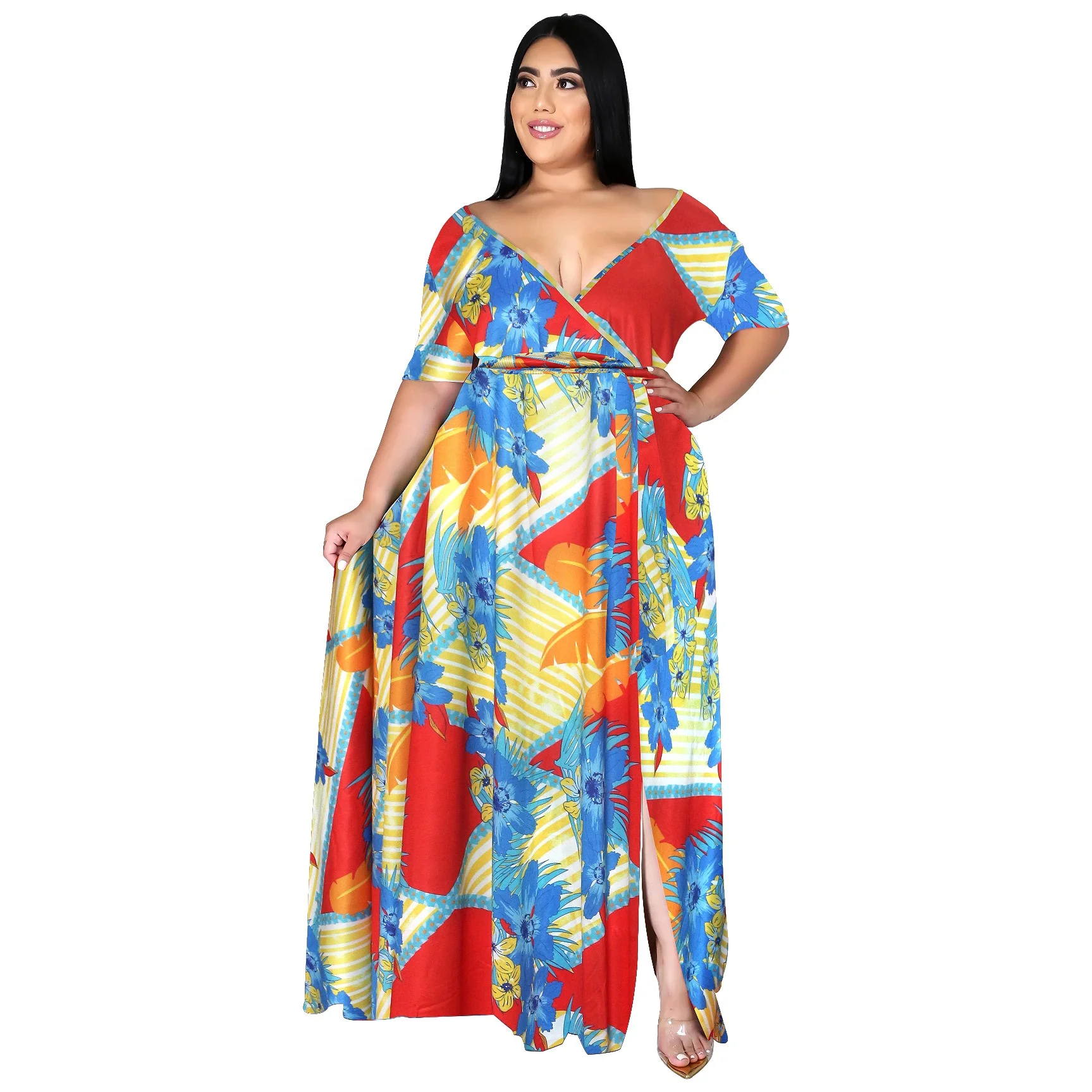 

Wholesale Summer Casual Fashion Long Sleeve Floral Printed Wrapped Long Dresses Women Maxi Dress