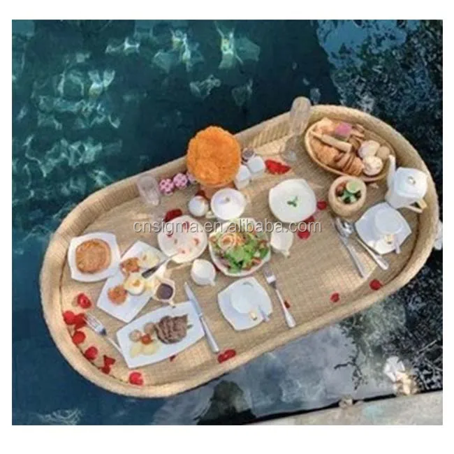 

Resort hotel outdoor pool floating breakfast tray water oval rattan basket, Optional