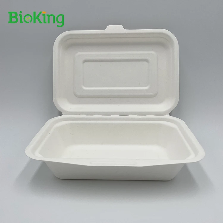 

Bioking Sugarcane Bagasse Pulp Biodegradable and Compostable Disposable Clamshell Hamburger Box Square Support Acceptable CN;ZHE, Bleached;natural
