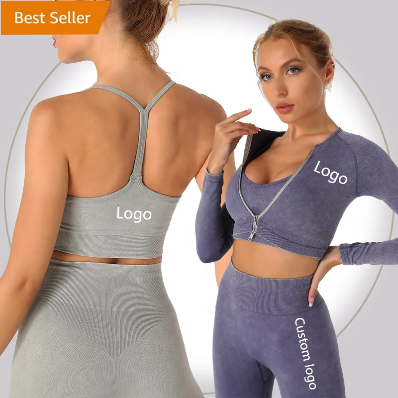 

women 5 piece Acid Wash Athletic Wear Suit Workout Outfits zipper yoga clothing Jacket fitness Gym Sports Bra Leggings sets, Purple, white, green, black, gray