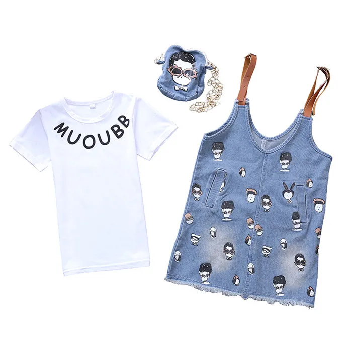 

Summer Hot Style Printed Cartoon With Small Bag Children Jean Suspenders Skirt Three-Piece Suit Of Girls Dress