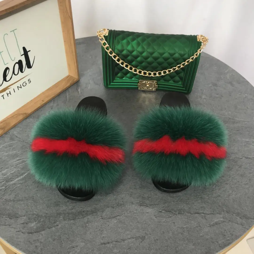 

new women fox fur fluffy slipper slides hot fashion fur slippers set women faux fur slippers jelly handbags set, Customized color