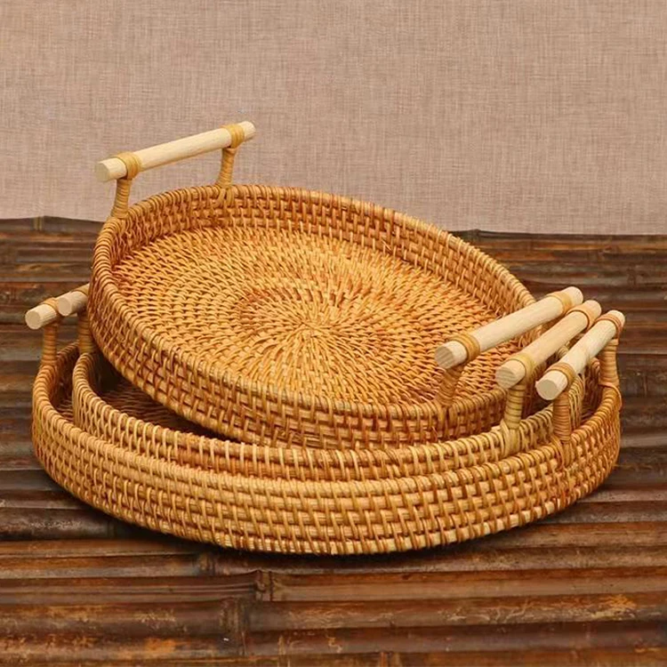 

2021 In Stocked ECO Friendly Natural Round Rattan Serving Trays Decor Storage Fruit Handmade Round rattan basket tray, Like the picture