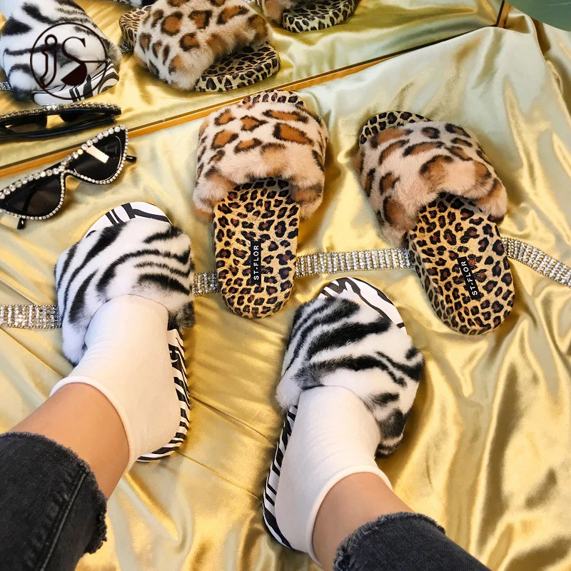 

Custom plush Leopard ladies shoes 2021 zebra pattern slides women lightweight comfort slippers, Customized color