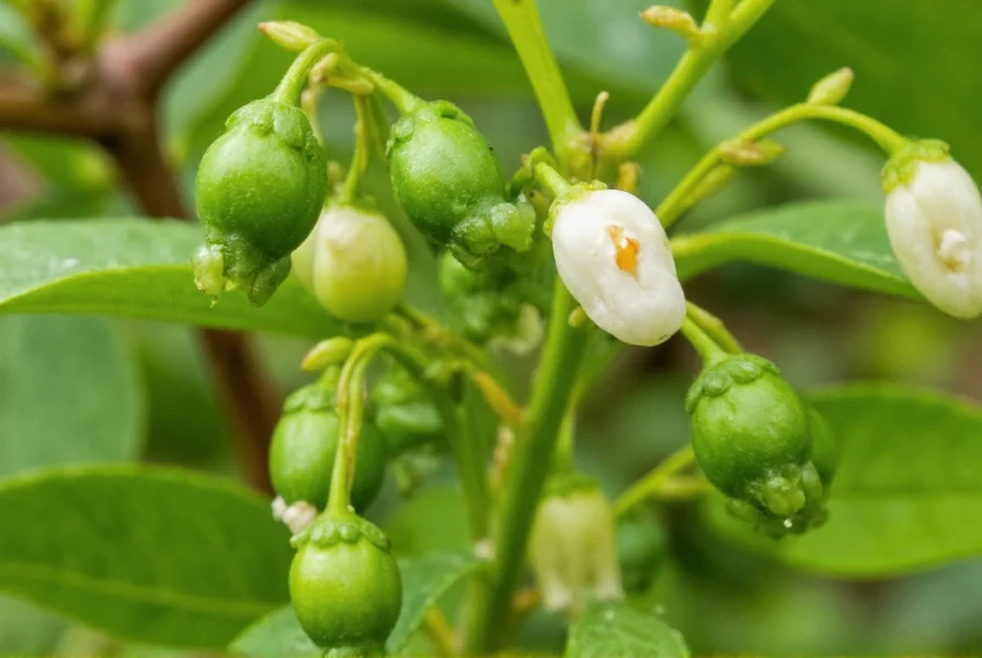 Close-up of Piper nigrum plant showing flowers and developing peppercorns