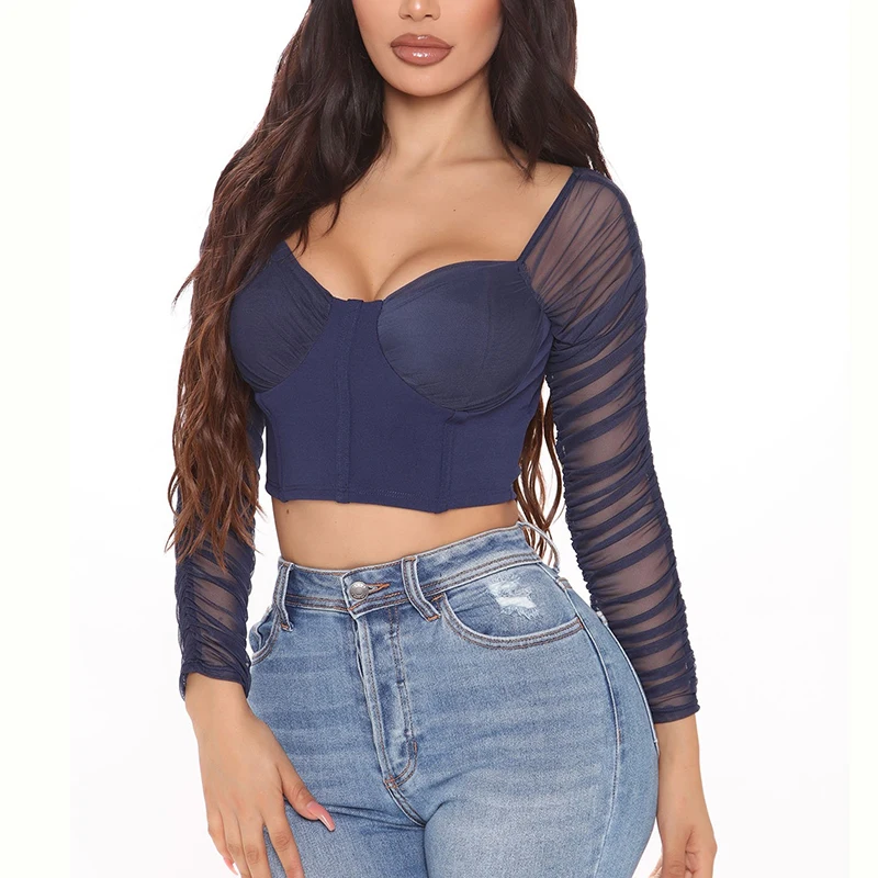 

Wholesale spring and summer women crop short blouse fashion wrinkle long sleeve blouse sexy mesh perspective ladies' blouses, Customized