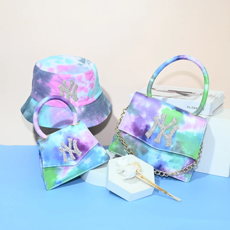 

2021 Designer Brand Hats And Purses Handbags Set Diamond Colourful Ny Bucket Hat And Purse Ny Set, Black