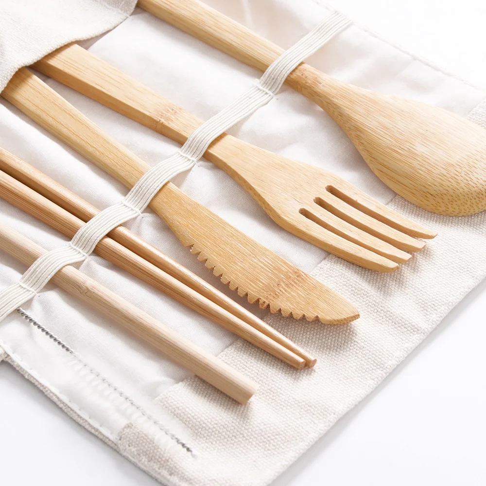 

Travel Outdoor Portable Reusable Tableware Wooden Flatware Bamboo Utensils Knife Fork Spoon Chopsticks Straw Bamboo Cutlery Set, Burlywood