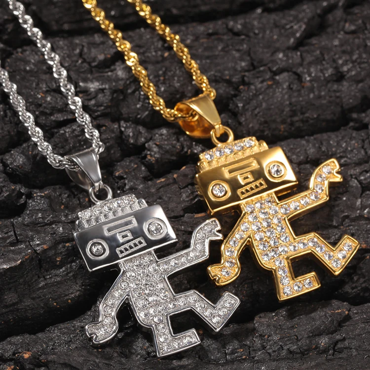 

Wholesale Hip Hop Charm Stainless Steel Rhinestone Robot Pendant