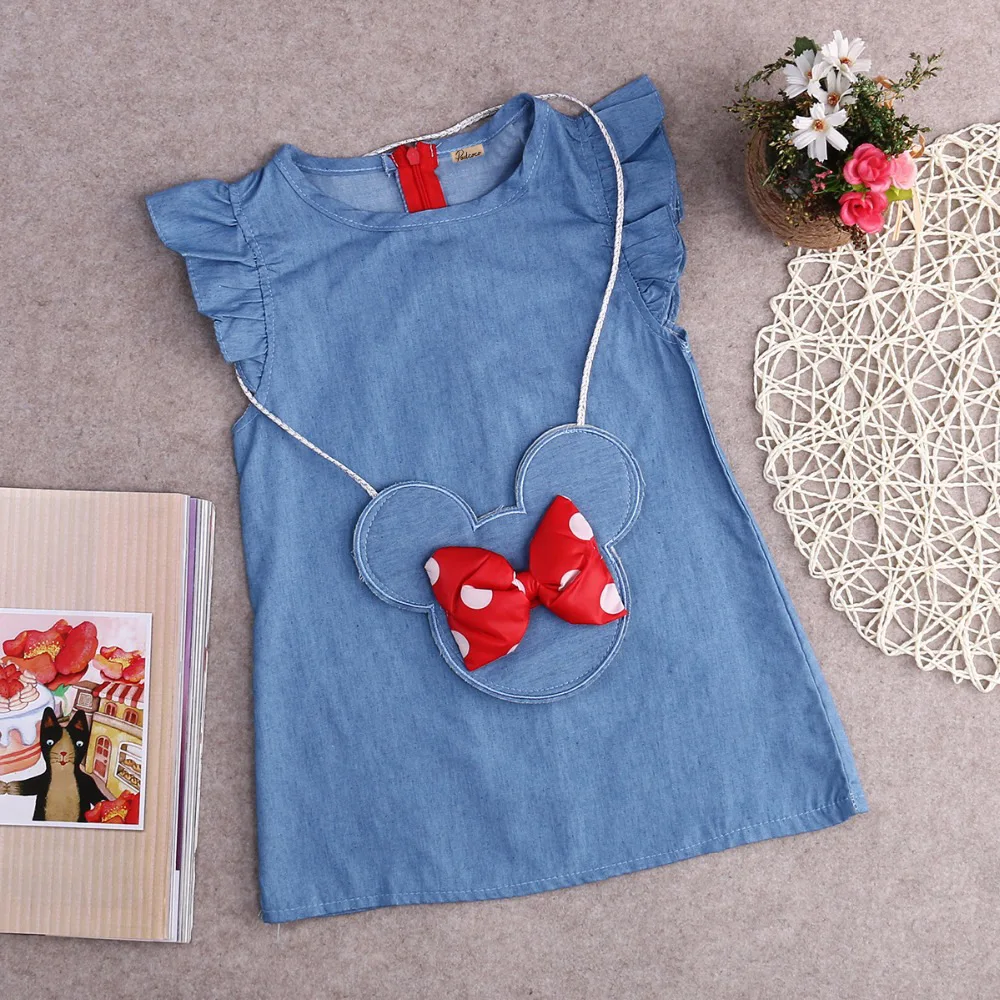 

Short Sleeve Baby Dress with Messenger Bag Cute Toddle Girls Clothes for Summer Jeans One Piece Outfit Wholesale, Blue